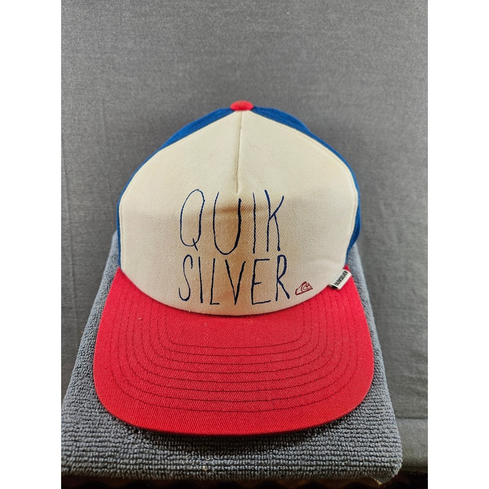Quiksilver Flexfit Hat Mens Blue Red Cream Embroidered Logo Surf Baseball Cap